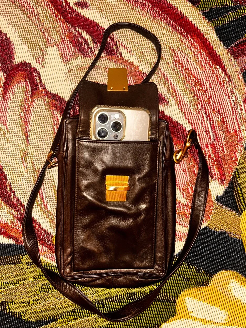 Perlina Crossbody Brown Leather Travel Organizer Wallet Muli Pocket Phone Holder